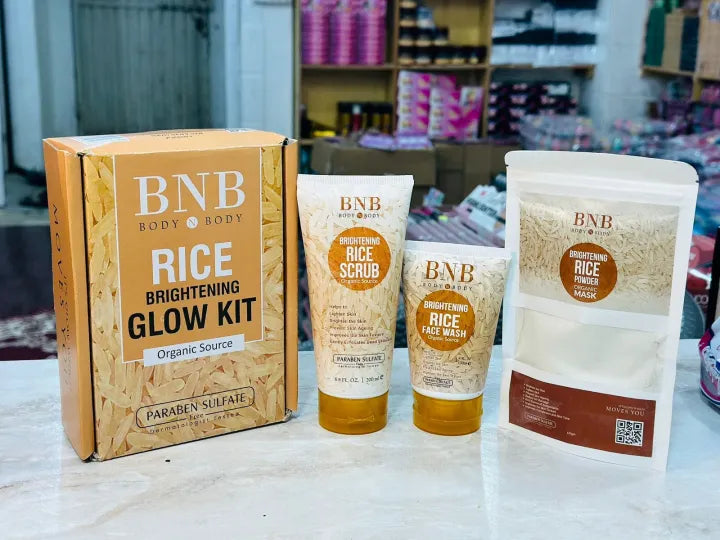 BNB 3 in 1 Rice Extract Bright & Glow Kit  ( Rice Face Wash + Rice Scrub + Rice Mask )