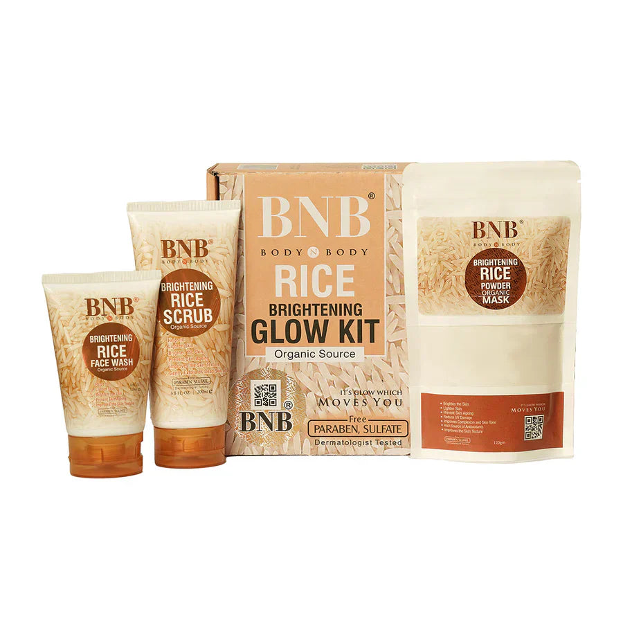 BNB 3 in 1 Rice Extract Bright & Glow Kit  ( Rice Face Wash + Rice Scrub + Rice Mask )